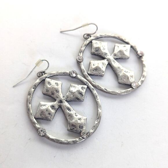 Hammered Silver Tone Maltese Cross Rhinestone Statement Hook Dangle Earrings - Picture 1 of 4